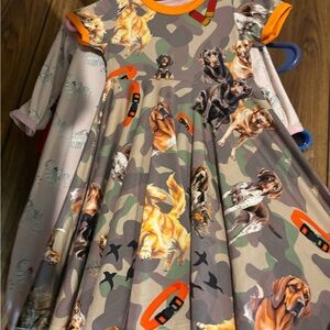 Kids Camouflage Dog Print Dress with Orange Accents